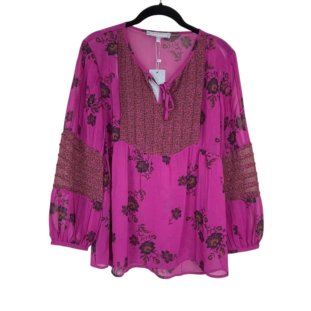 Daniel Rainn Floral Blouse Women S Pink Magenta Boho Cottagecore Tie Neck Top